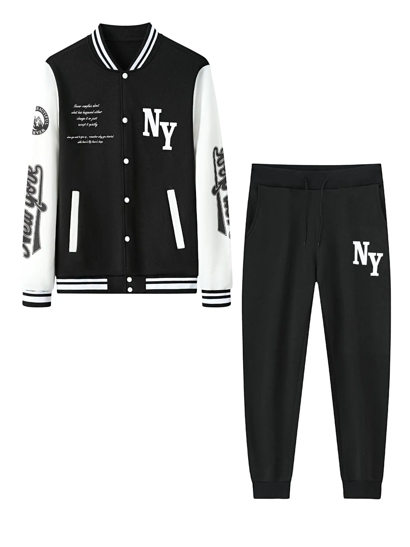 Men's Letter Print Button Front Varsity Jacket & Pocket Sweatpants Two-piece Set, Regular Fit Casual Baseball Collar Long Sleeve Outerwear & Jogger Pants for Daily Wear, Men's Two-piece Outfits for Fall & Winter