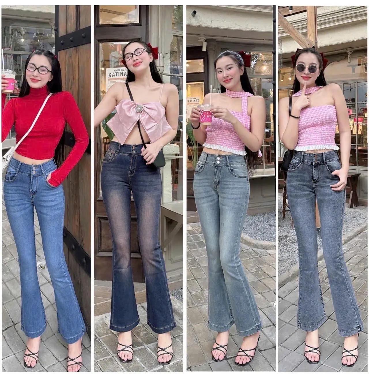 [90-92cm] Quần jean nữ ống loe 9t NM Jeans, chất co giãn, đủ size từ 40kg đến 75kg, 4 màu, 2 nút trơn - Pants, Women