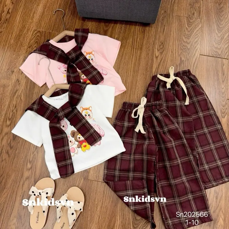 Set Quần suông kẻ áo cotton babythree kèm khăn - set quần kaki boom áo labubu croptop tay dài nhún eo 2 bên 10-30kg cho bé gái Cotton 0