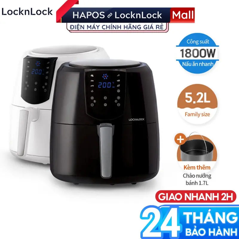 Nồi chiên không dầu LocknLock Chính hãng 5.2 Lít 1800W - Tặng chảo nướng 1,7L, Găng tay EJF357 - HAPOS MALL OFFICIAL 1