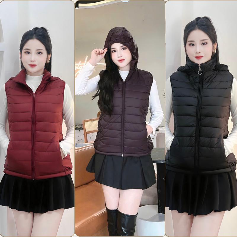 ÁO KHOÁC PHAO GILE TRUNG NIÊN KÉO KHÓA TRƠN CÓ MŨ TRẦN BÔNG ẤM ÁP ĐỦ SIZE 45KG-65KG Nữ Top Women Đỏ Kem