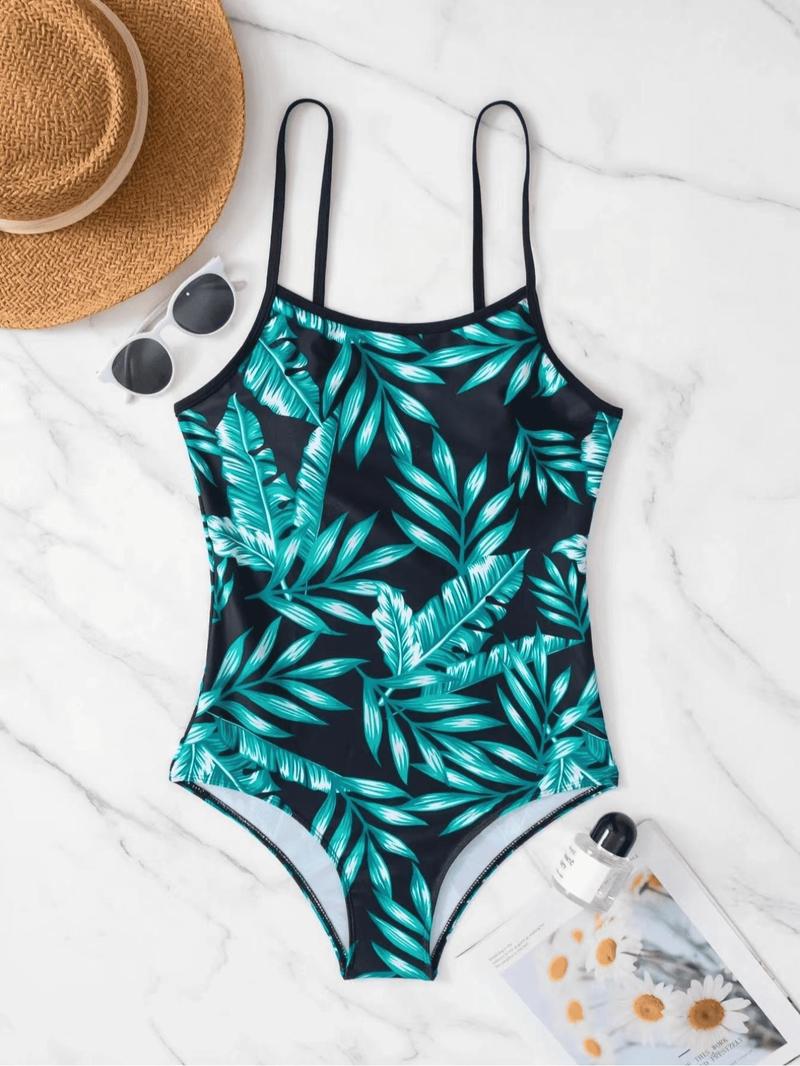 Product Introduction of Women's Leaf Print One-piece Swimsuit, Casual Adjustable Strap Backless Swimwear for Beach Holiday Vacation, Ladies Swimsuit for All Seasons 9