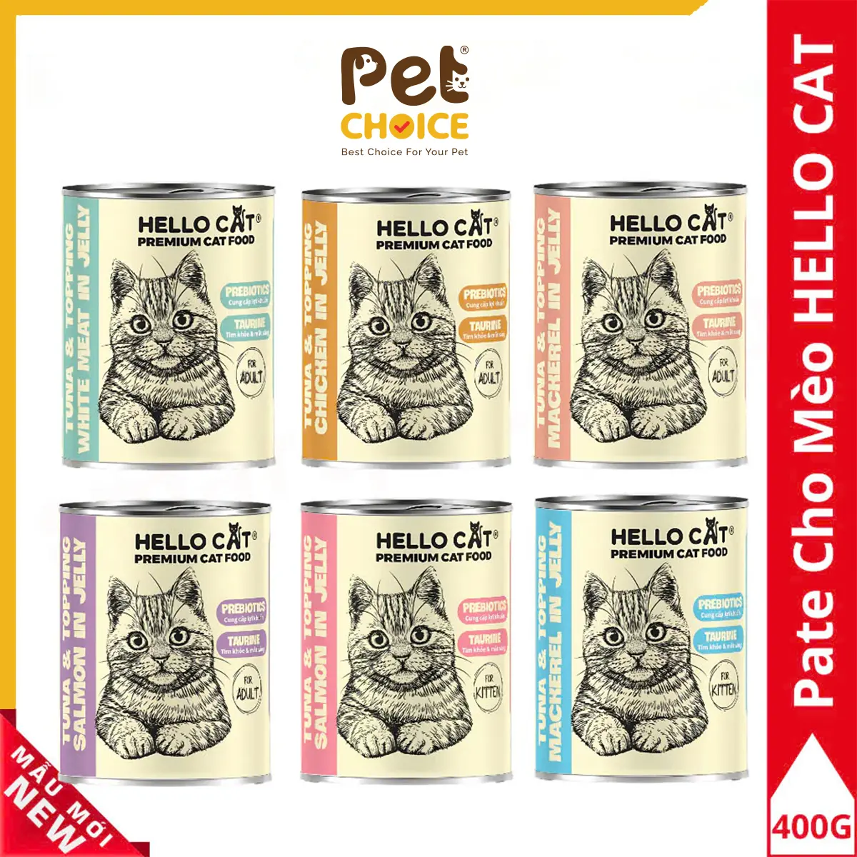 Pate cho mèo, thức ăn cho mèo mọi lứa tuổi trong thạch Hello Cat Tuna 400g dinh dưỡng đầy đủ vị