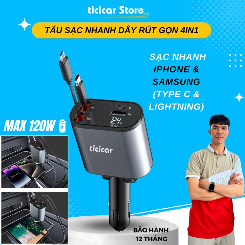 [HQD1992] Tẩu sạc nhanh điện thoại dây rút nhả ra thu gọn tự động trên ô tô 120W, Sạc đa năng sạc cùng lúc 4 thiết bị, hỗ trợ cổng Lightning, Type C, USB. Tương thích với điện thoại Iphone 15/14/13/12/11 Pro Max, Samsung, Galaxy, Oppo,...by Ticicar