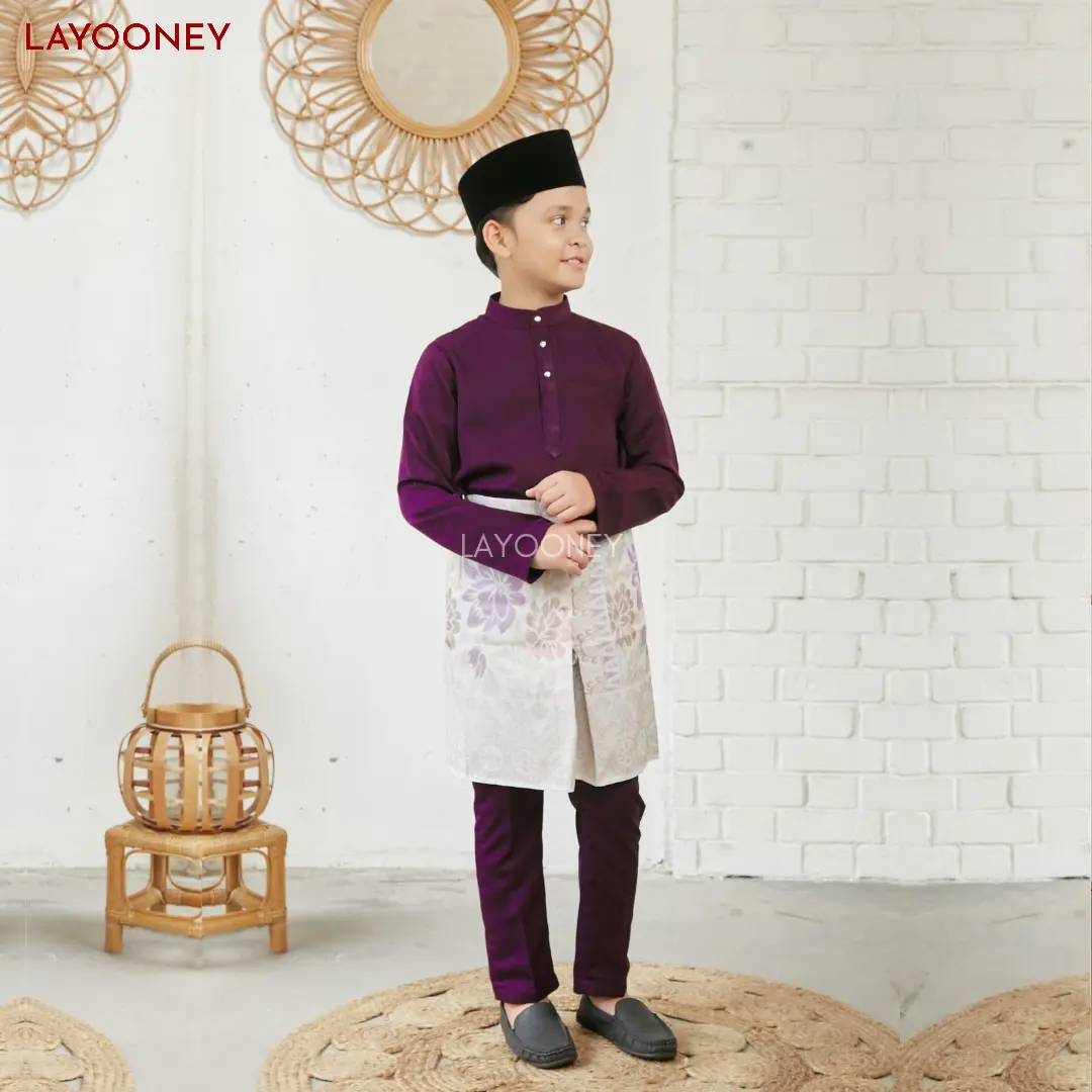Setelan Baju Kurung Melayu Anak Laki Laki  Bahan Katun Toyobo Ungu Burgundy Satu Set Pakaian Teluk Belanga Cekak Musang Fashion Muslim Koko Adat Malaysia Riau Premium