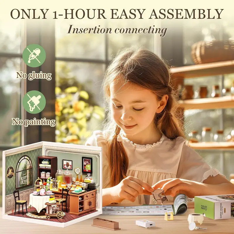 ROBOTIME Miniature House Kit DIY Plastic House Building Toy Set with LED Tiny Store Making Kit Model Craft Hobby Unique Gift DW011 Sweet Sips Tea 4