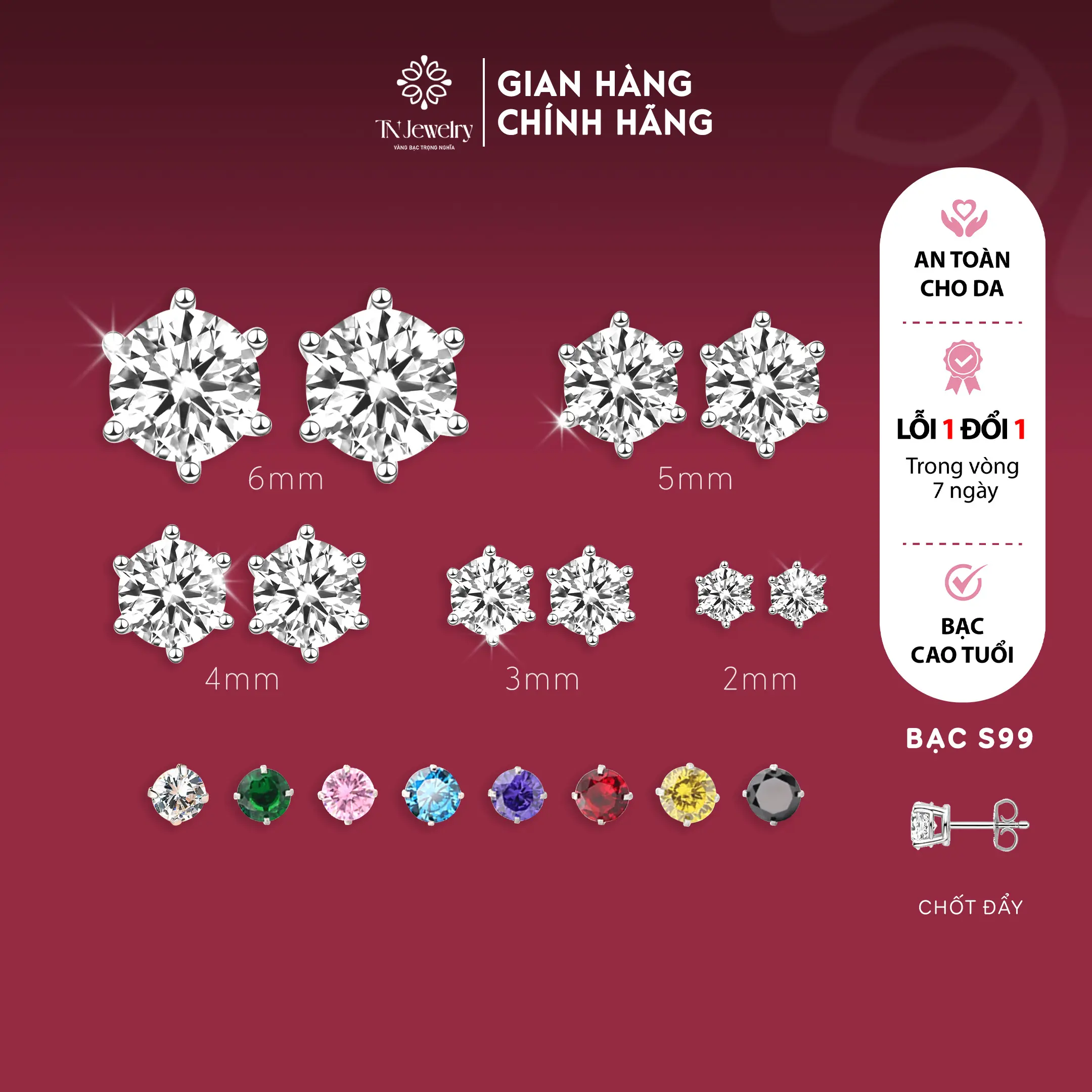 Bông tai nụ đá bạc đính đá 2 li, 3li, 4 li, 5 li, 6 li, đủ màu, cho nam nữ  đeo hàng ngày - BT 1151 Voi Hoa Women Hoa Tai Khuyên Tai