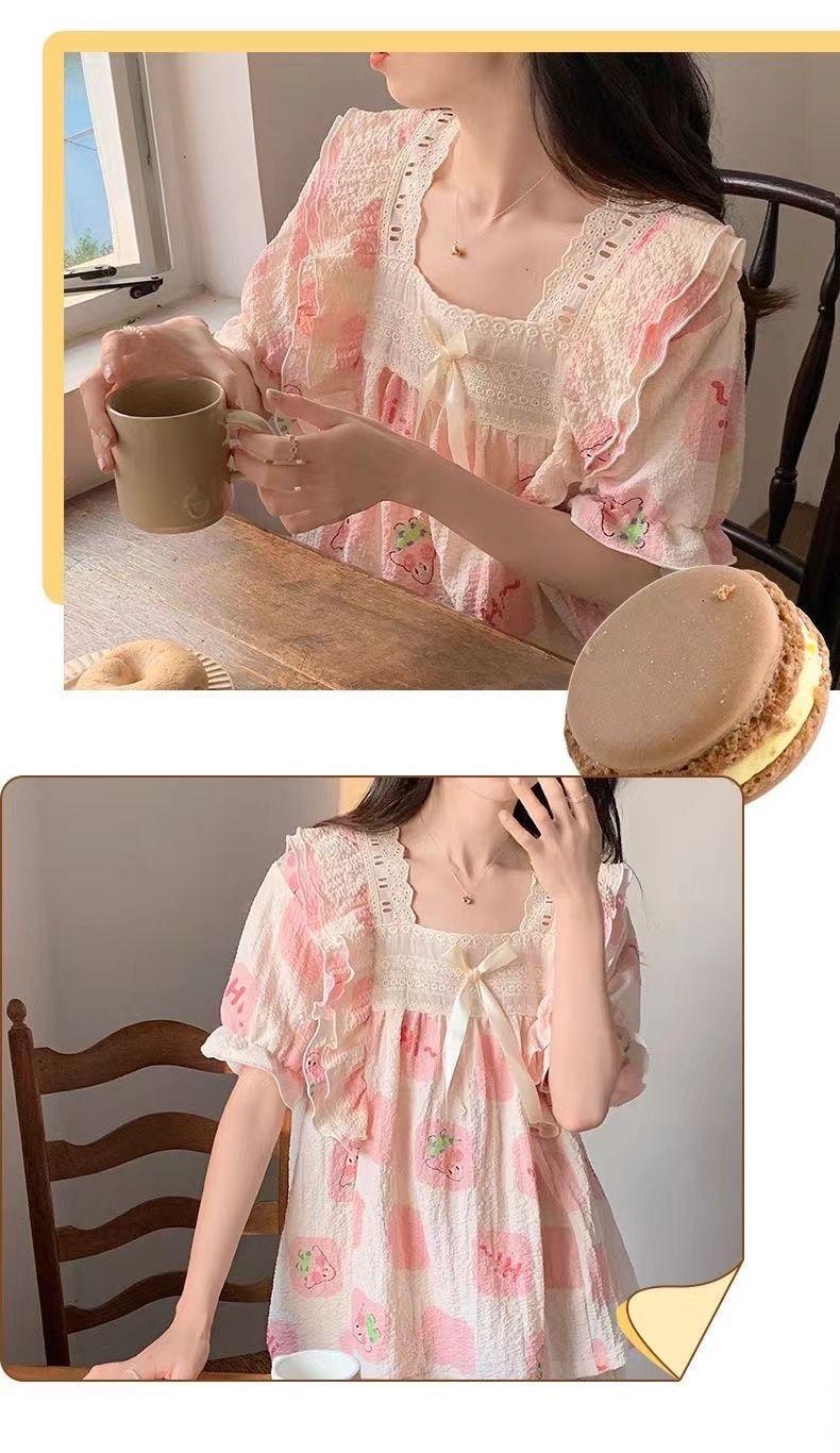 Product Introduction of Bộ đồ ngủ bằng vải bông mùa hè của phụ nữ Dễ thương Patrick Ngôi sao ngắn tay ren trang trí bong bóng Nếp nhăn Mục vụ Loungewear hai mảnh Áo 18