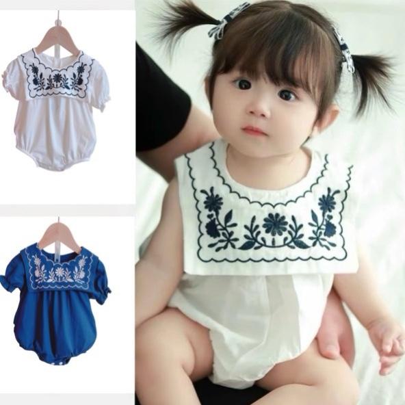T. Huyền_Body Suit Thuỷ Thủ Cổ Thêu Hoa 2 Màu Xanh Than, Trắng Cho Bé gái 4-11 kg