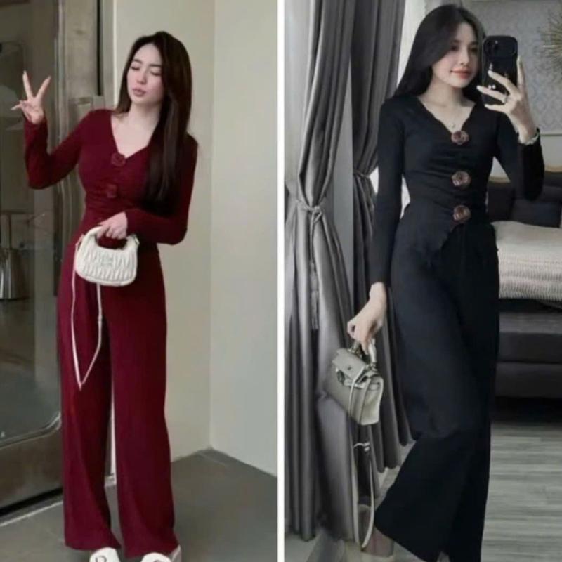 Đồ Bộ Nữ Mặc Nhà Quần Ống Suông Áo Tay Dài Bigsize Gắn Hoa Xẻ Tà Giữa ESHOP Đồ mặc nhà dễ thương đi chơi đẹp cá tính quần dài suông cạp cao MS304 Top Woment