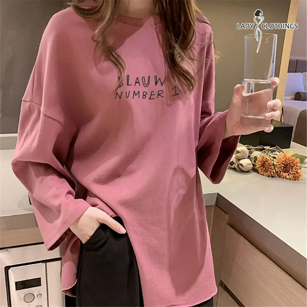 Áo Thun Dài Tay Cho Nữ, Quần Áo Nữ, Thời Trang Mùa Thu, Áo Dáng Rộng, In Chữ, Thiết Kế Nĩa, Kiểu Trung Bình Và Dài, Cổ Tròn, Áo Thoải Mái, Cỡ M-2XL