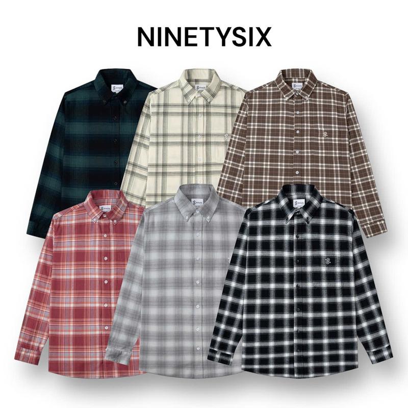 Áo sơ mi kẻ caro Flannel chất vải dạ hoàn toàn cotton dài tay Ninetysix nam form dáng vừa thoáng mát cổ cài khuy - Menswear Cổ Tròn đen-b unsiex Shirt