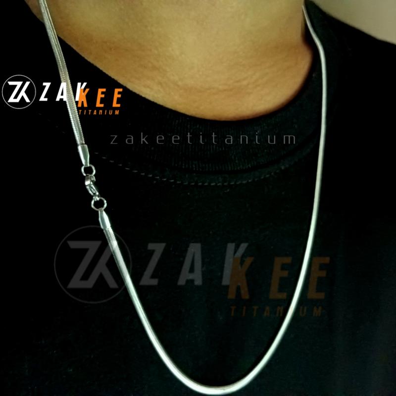 Kalung Titanium Pria Wanita Anti Karat Silver Belut Gepeng Pipih Silver Aksesoris Cowok Cewek Stainless 3