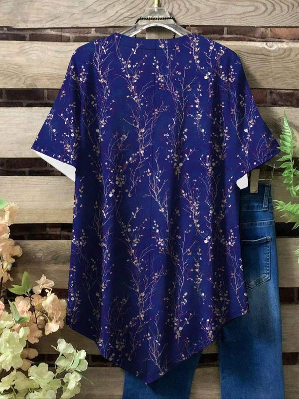 【Plus Size】 Floral Print Tee, Casual Short Sleeve Round Neck T-shirt for Summer, Women's Plus Size Clothing for Daily Wear 7