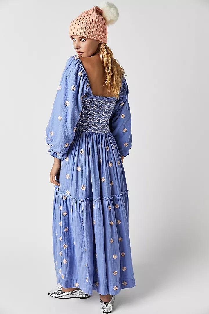 Product Introduction of Women's Floral Embroidery Frill Trim Shirred Flounce Sleeve Dress, Boho Fashion Long Sleeve Square Neck A Line Dress for Daily Holiday Vacation Wear, Ladies Dress for All Seasons, Dresses for Women, Spring Dress Casual Womenswear jaded london  dress 4