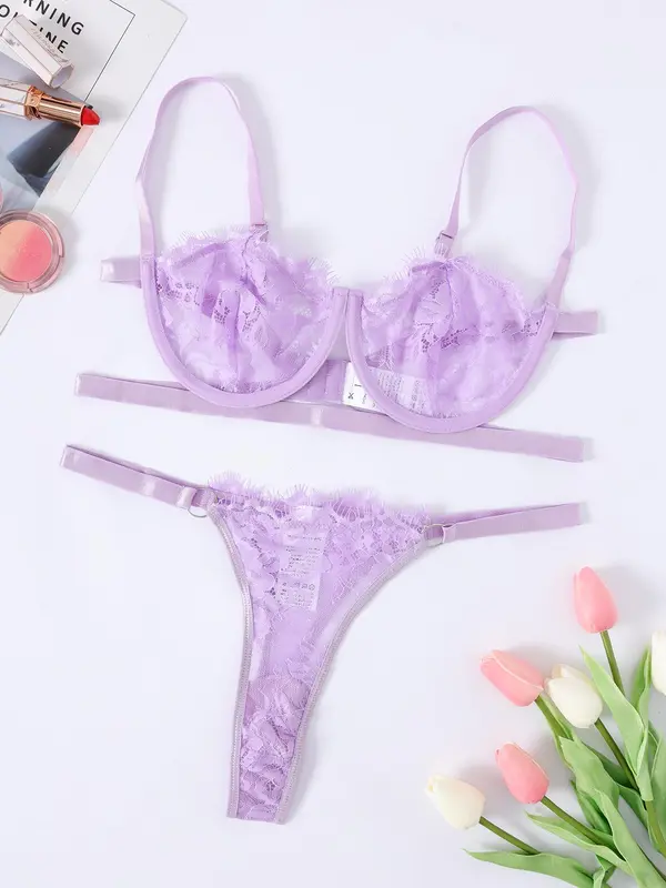 Womenswear Minimalist Lace Bra & Thong Set, Breathable Adjustable Strap Wireless Bra & Ring Linked Panty Sexy Lingeries Set, Valentine's Day Gift, Summer Wear 2024, Comfortable Co Ord Underwear Set, Tall Clothing Women 1