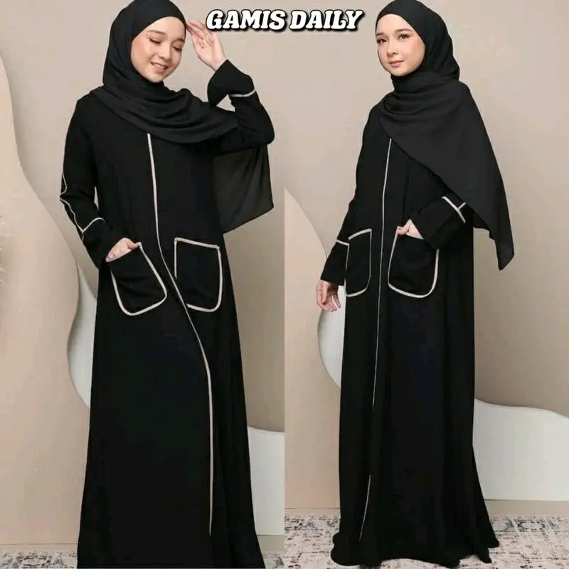 DAILY ABAYA TURQY LISTBAL SAKU / ABAYA HITAM Setrip Polos Hitam Setrip Putih Lembut 2