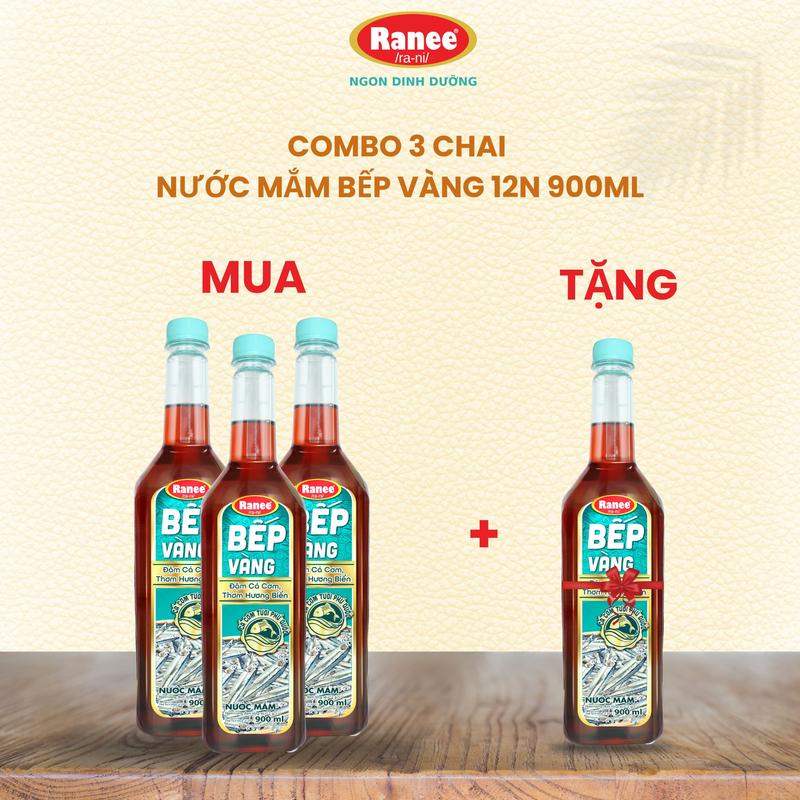 Combo 3 chai nước mắm thơm ngon Cá Cơm Bếp Vàng 12N 900ml ( 900ml x 3 chai) tặng kèm Nước mắm 12N 900ml
