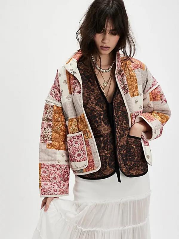 Women's All Over Print Pocket Drop Shoulder Quilted Jacket, Boho Long Sleeve Open Front Outerwear for Fall & Winter, Ladies Clothes for Daily Wear 7