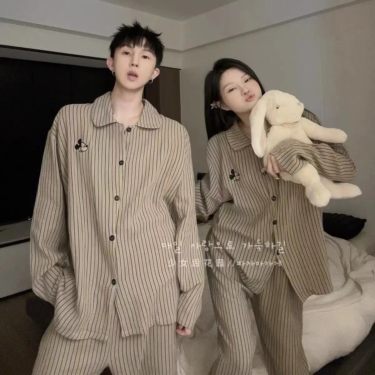 Bộ Đồ Ngủ Cặp Đôi Mickey Hoạt Hình, Maillard, Quần Dài Tay Nữ, Phong Cách Thường Ngày Cho Nam, Đồ Mặc Nhà Hai Mảnh, Thích Hợp Cho Mùa Xuân Và Mùa Thu Áo Women