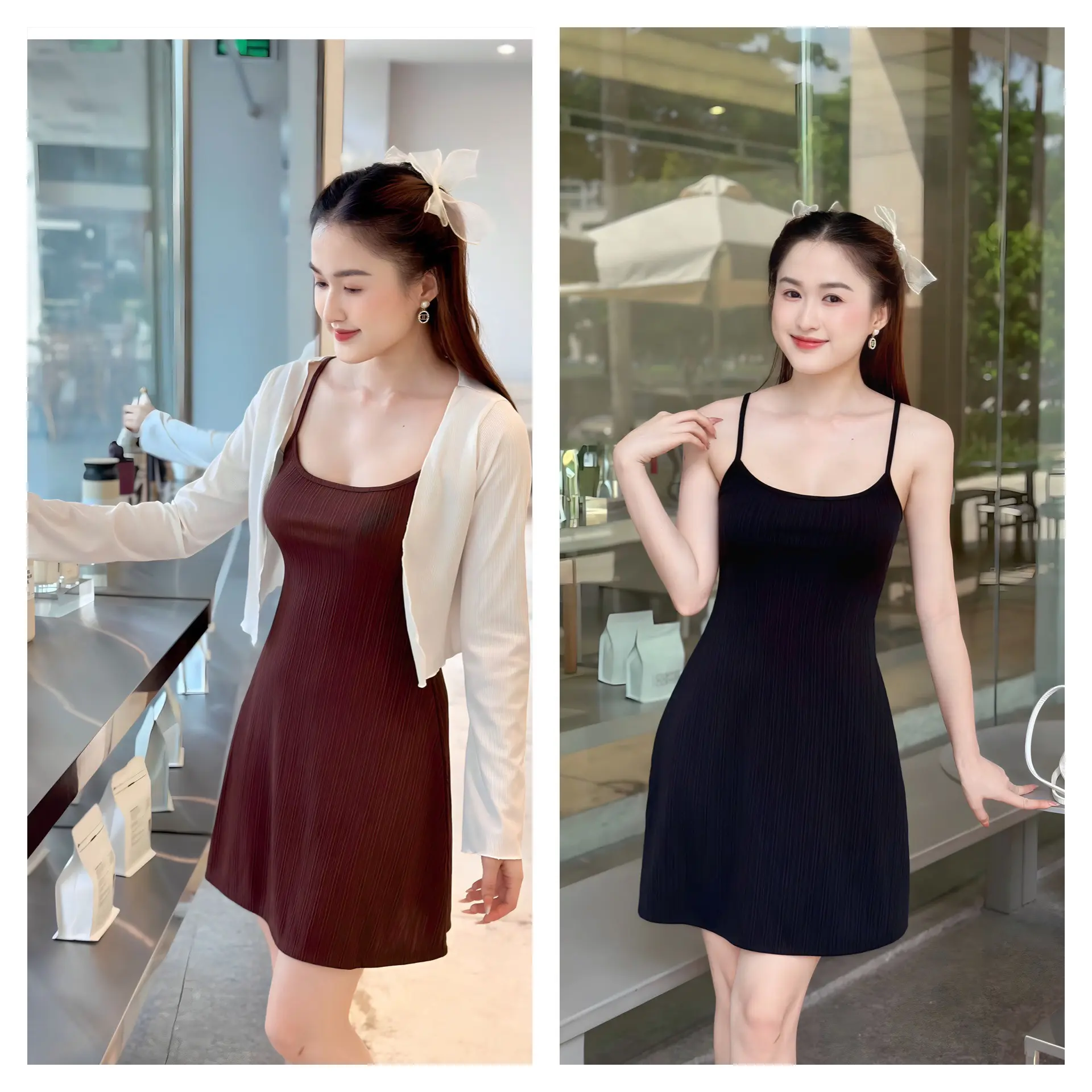 Đầm hai dây nữ form ngắn xòe nhẹ kèm quần trong chất thun gân trung mềm mát phong cách đơn giản - Đ0177