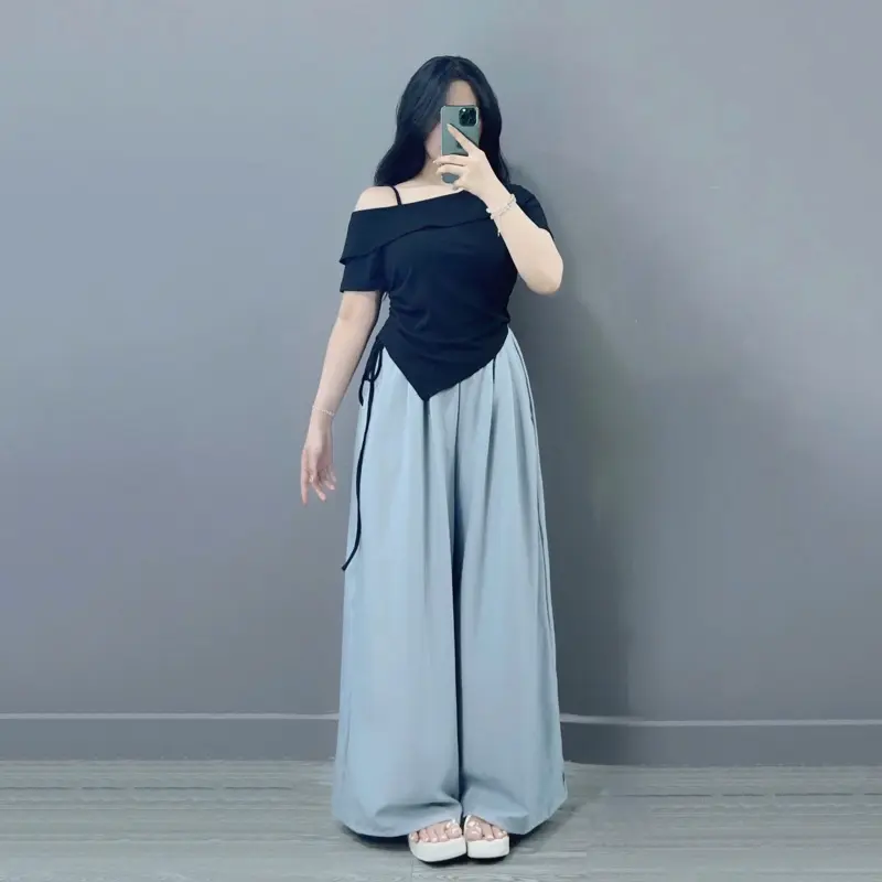 ￼Set Thiết Kế Bigsize Nữ Áo Thun Lệch Vai Tay Ngắn Tà Nhọn Kèm Quần Suông Ống Rộng Thời Thượng SET980