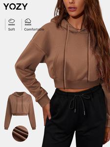 YOZY Women's Plain Drawstring Drop Shoulder Crop Hoodie, Casual Long Sleeve Kangaroo Pocket Hooded Sweatshirt for Fall & Winter, Women's Clothes for Daily Wear