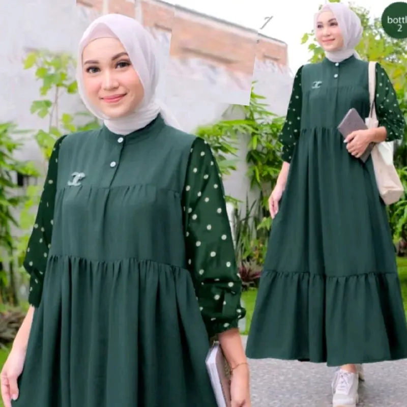 Dasima Gamis polos Kombinasi Polkadot midi Dress terbaru Muslim Lembut Kain Fit Cantik Kancing  Motif Panjang Rayon Wanita Ibu  Nyaman Variasi  Katun Kerah Menyusui 1