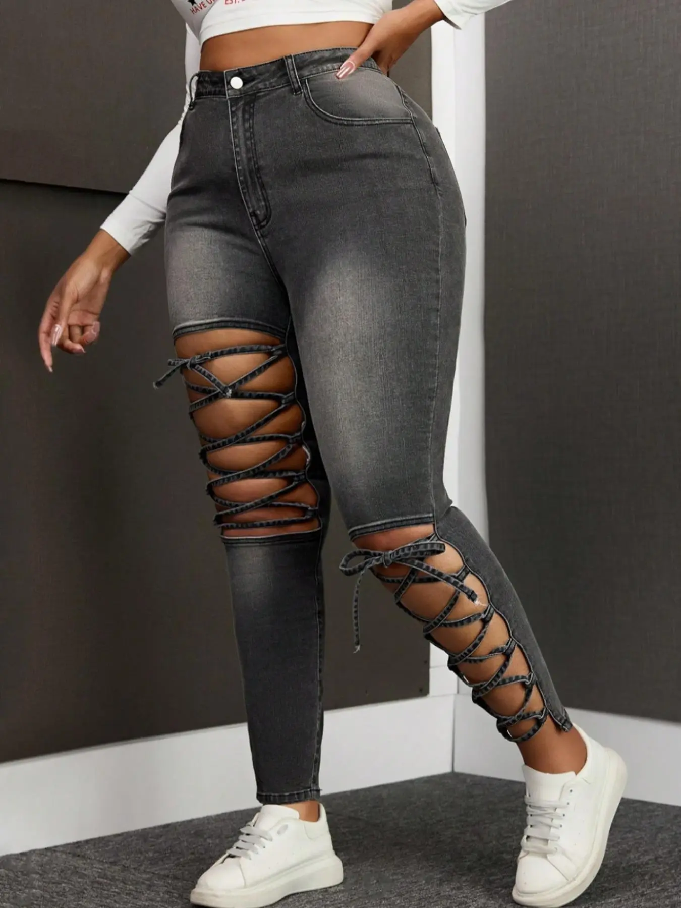 Women's Plain  Cut  Out Denim Jeans, Fashion Casual High Waist Trousers for Daily Outdoor Wear, Ladies Bottoms for Summer