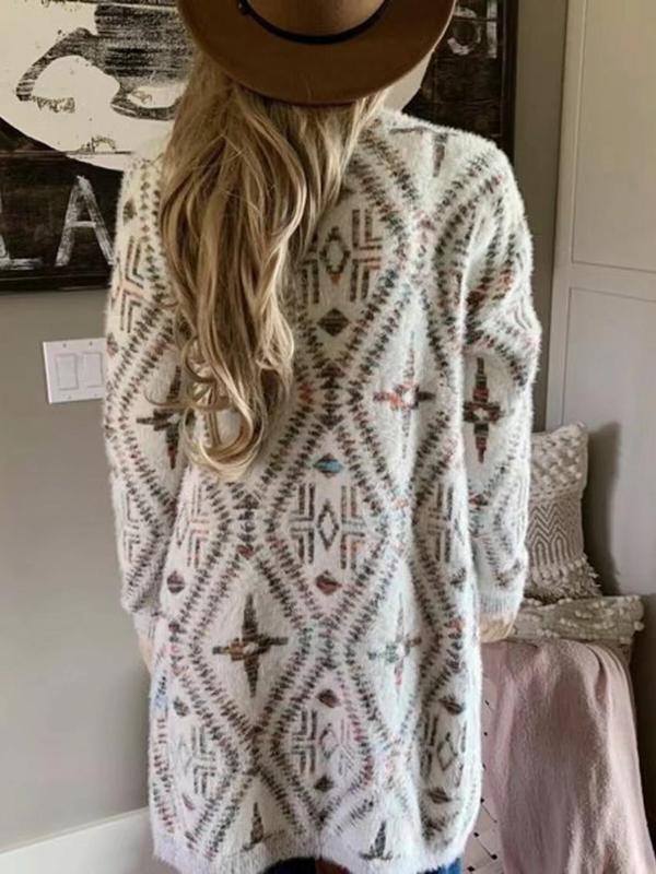 Women's All Over Print Drop Shoulder Cardigan, Boho Long Sleeve Open Front Knitwear for Fall & Winter, Fashion Ladies' Knit Clothes for Daily Wear 1