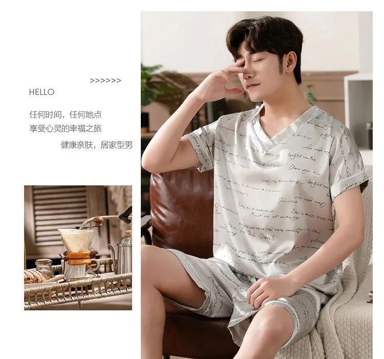 Product Introduction of Men's Pajamas Summer Fashion V-Neck Thin Ice Silk Short-Sleeved Shorts Nightie Two Piece 2024 New Boys Casual Sleepwear Nightie 34