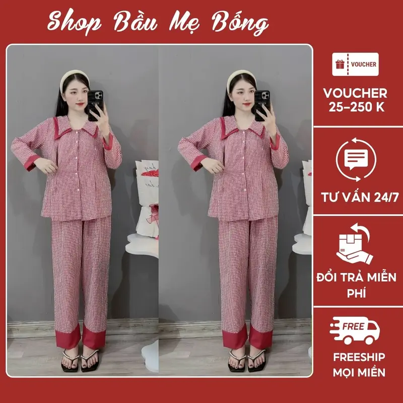 [XẢ KHO] Bộ Bầu - Bộ Sau Sinh, Chất Liệu Đũi Thái Kẻ Ô Nhỏ Cho Mẹ Bầu, Dáng Dài Cổ Nhọn 2 Lớp Có 5 Màu Mềm Mịn, Áo Có Khoá Kéo, Quần Có Chun Chỉnh Váy Bầu Đầm Bầu Dài Tay 0