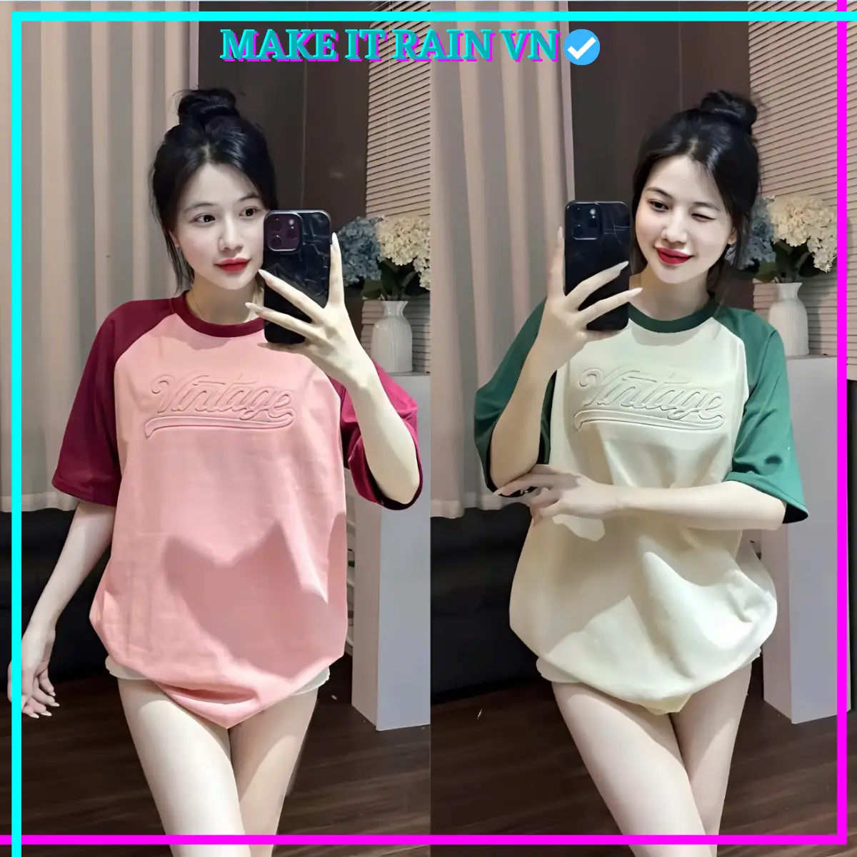 [MUA 3 GlẢM 18K, 2 GlẢM 10K KÈM QUÀ] Áo Thun Nam Nữ Raglan VINTAGE CHỮ NỔI Make It Rain, Áo Phông Unisex Form Rộng Cổ Tròn