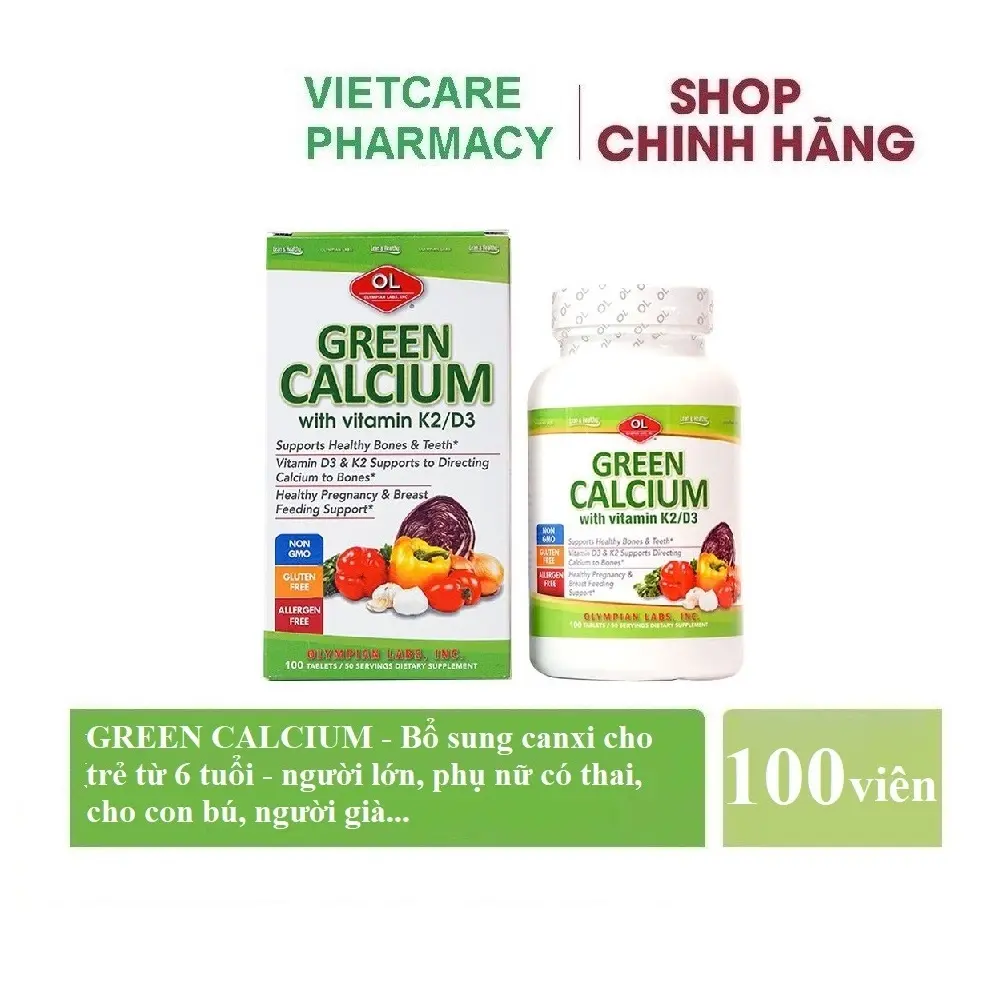GREEN CALCIUM - Canxi Gluconat hữu cơ cho bà bầu 100v (OLYMPIAN LABS USA) Người lớn Trẻ em Không chứa gluten Không chứa GMO Hữu cơ Không chứa sữa Người lớn Hữu cơ Không chứa GMO Không chứa sữa Men Vi Sinh