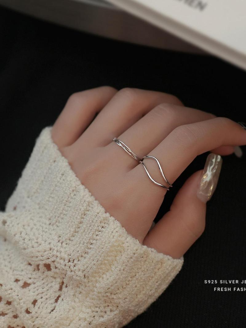 Product Introduction of 925 Sterling Silver Double Layer Hollow Out Cuff Ring, Simple Plain Ring for Women, Fashion Hand Jewelry Accessories for Party, Daily Clothing Decor 5