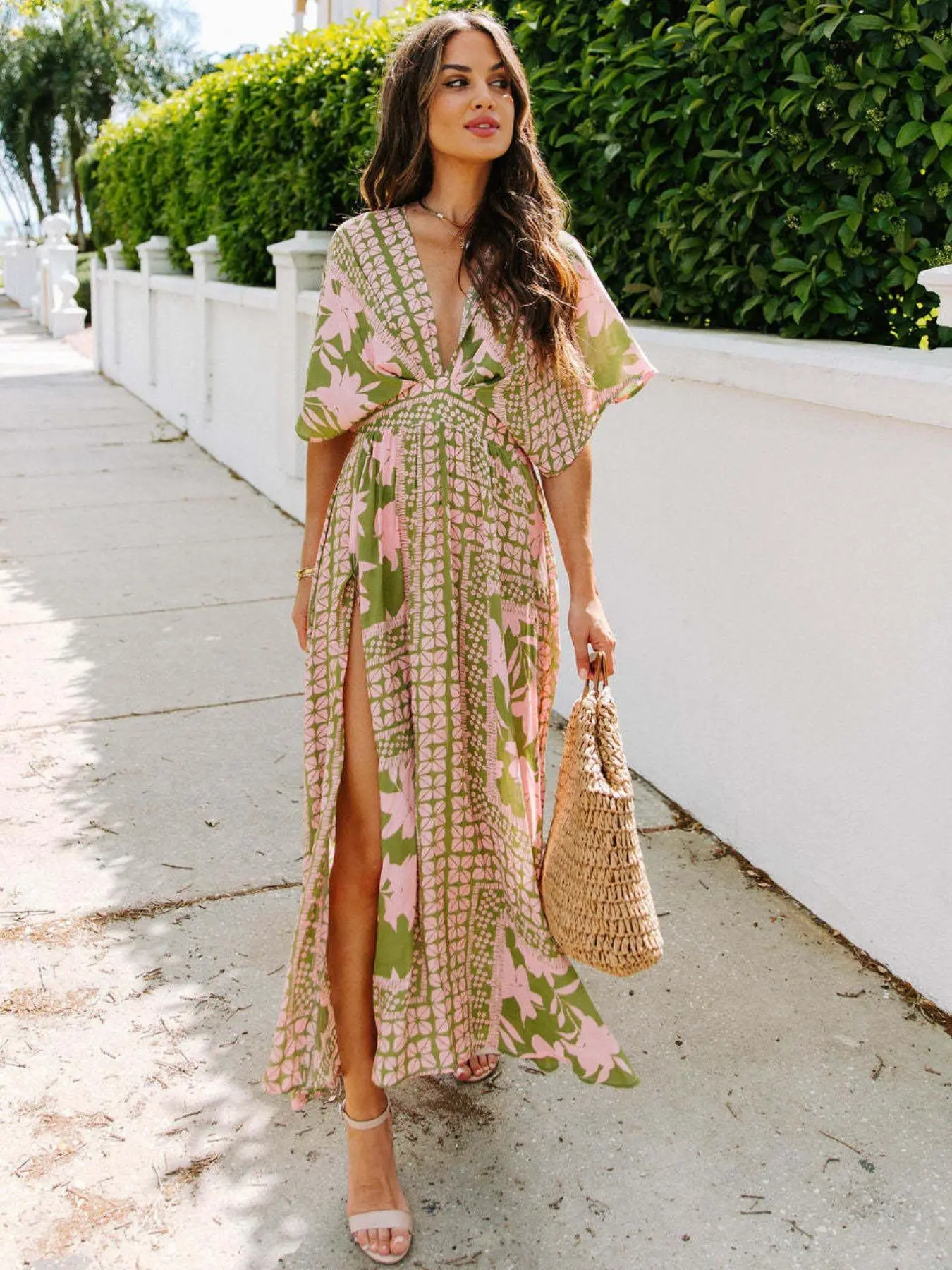 Women's Floral Print Deep V Neck Split Hem Dress, Elegant Casual Dress for Summer, Ladies Clothes for Beach Holiday Vacation