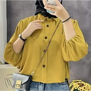 Orimoza Kemeja Crop Crinkle Wanita Elza Baju Kancing Kerah