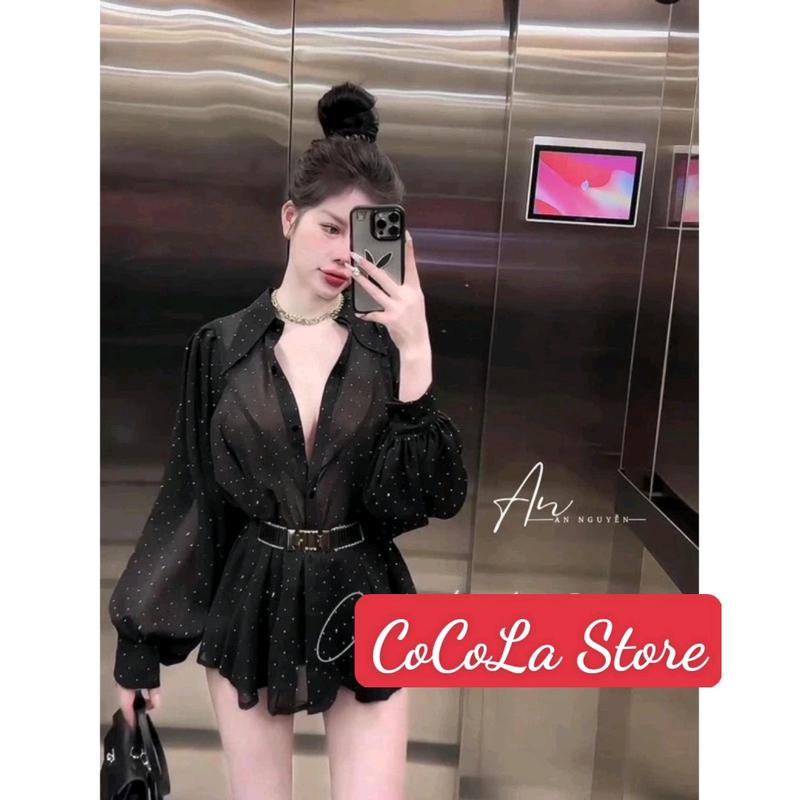 Áo Sơ Mi Tơ Đính Đá Bling Bling From Rộng Kèm Dây Đai Có Lót Quần Riêng Nữ Top Women Kem Nhung Shirt