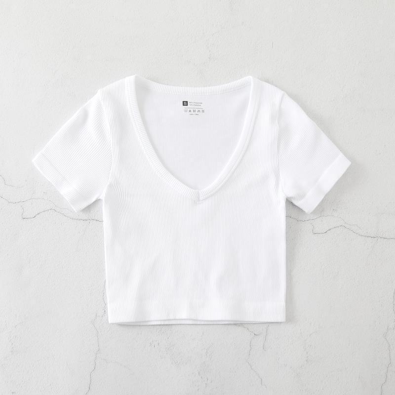 Product Introduction of European and American Yoga Wear Sexy Stretch Yoga Seamless Sports Top Short Sleeve V-Neck Slim Fit Solid Color Ribbed T-Shirt 24