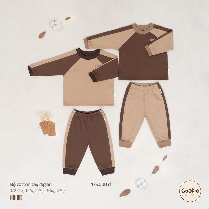 Bộ Quần Áo Cookie Dài Tay Cotton Tay Raglan Cookie Cho Bé Size 1/2-1Y Đến 4-5Y, Chất Cotton Hoàn Toàn Vải Cotton Tee Baby Tee