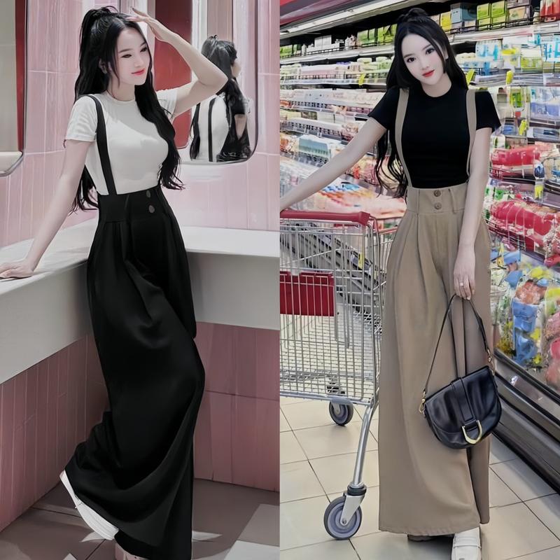 Set bộ nữ áo tăm lạnh thiết kế ngắn tay cổ tròn mix quần dài tuyết mưa ống rộng kèm dây quàng vai xinh xắn thích hợp cho các nàng đi tiệc, đi chơi.