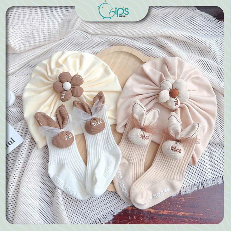 Set turban kèm tất cổ cao đáng yêu cho bé trai, bé gái 0-12 tháng. Họa tiết Ong, hoa, nơ cho bé mặc đi chơi, đi tiệc