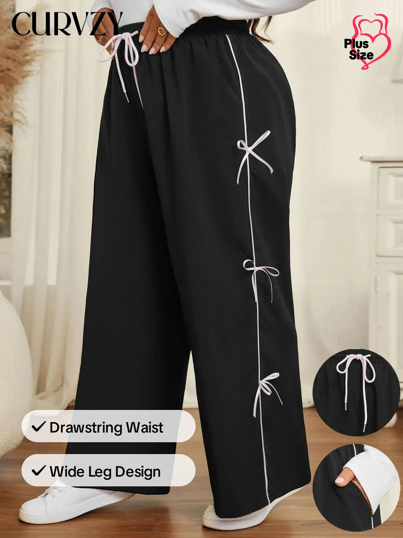 CURVZY Plus Size Solid Bow Decor Drawstring Waist Wide Leg Pants, Casual Pocket Trousers for Women, Women's Bottoms for Fall & Winter