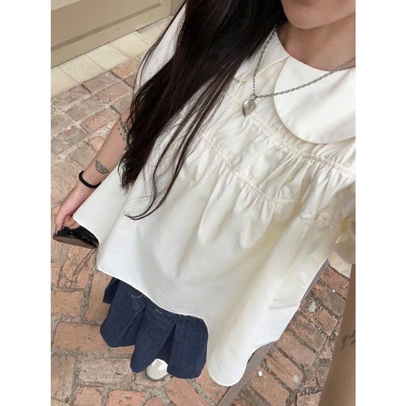 Áo sơ mi kiểu babydoll Miny cổ bèo bo chun dễ thương Vintagevibes. Nữ Kem Top Women Shirt