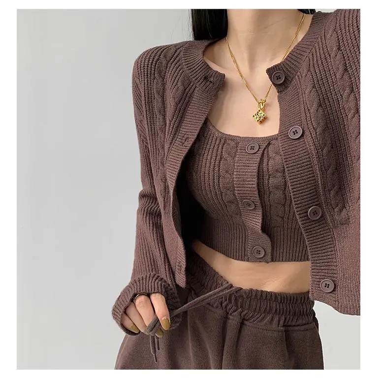 Retro knitted cardigan two-piece knitwear sweater coat croptop long sleeve knitted sweater