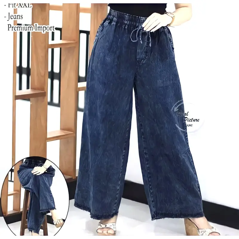 Kulot Jeans Highwaist Wanita Super Jumbo/ Celana Jeans Kulot Snow Pinggang Karet Serut 2