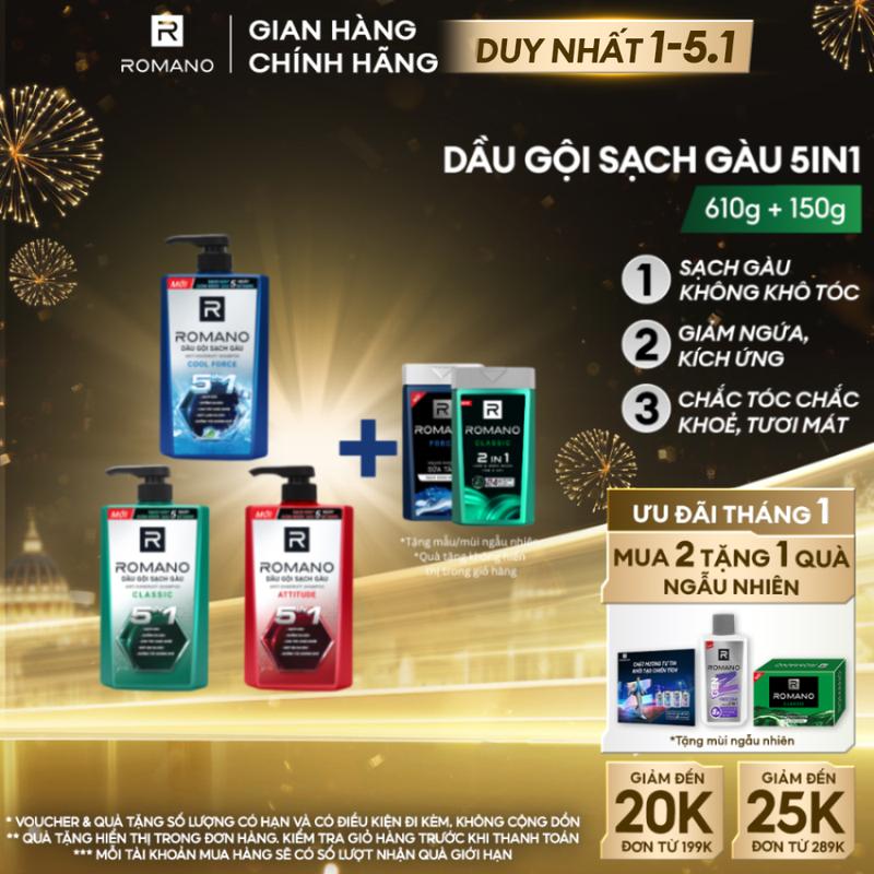   DUY NHẤT 1-5.1  TẶNG DẦU GỘI SỮA TẮM 150G  Dầu Gội Romano Sạch Gàu 5in1 Hươnng Nước Hoa 610g Chai - Tặng Mùi Ngẫu Nhiên 