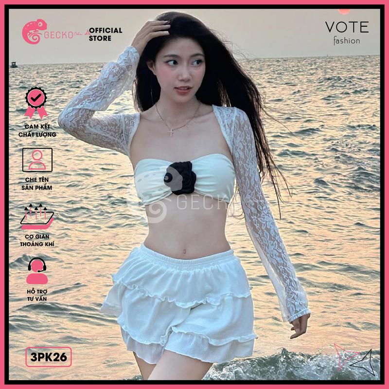 Áo Lưới Ren Cover GECKO Xuyên Thấu 3PK26 (Ảnh Thật, Nữ, Women, Top) Kem Thun 4