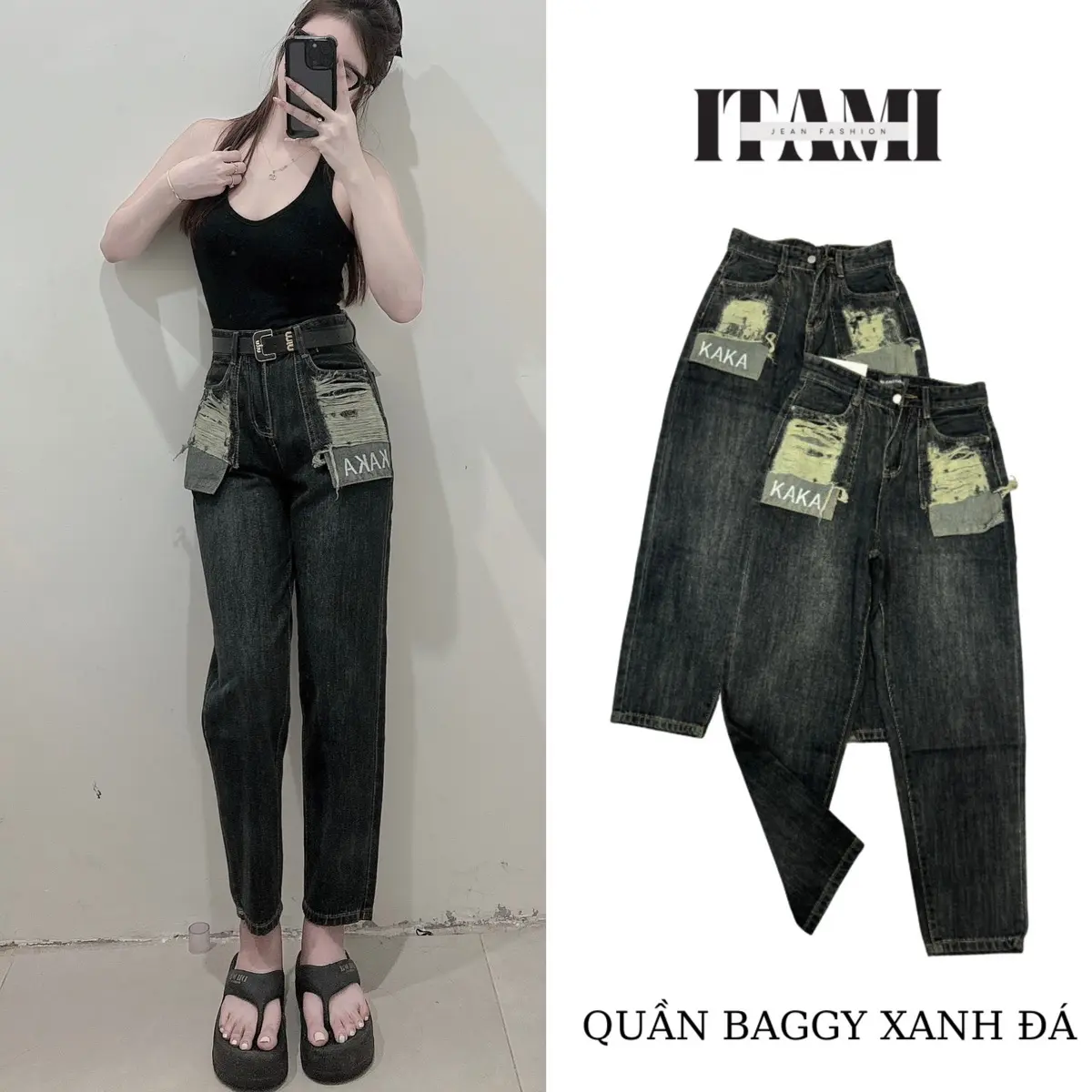 {S-M-L}Quần Baggy hàng QC Cao cấp  Túi thêu KAKA  không co giãn dơ bụi chất dày mềm thêu túi dài 95cm