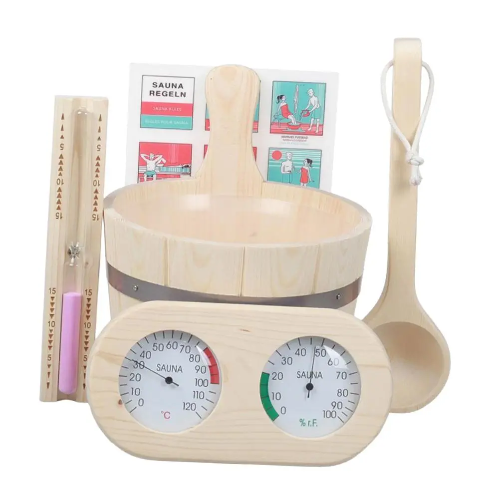 5 Pieces SPA Accessory, Sauna Bucket and Ladle Set, Handmade Hourglass, Thermometer and Hygrometer for Bathroom